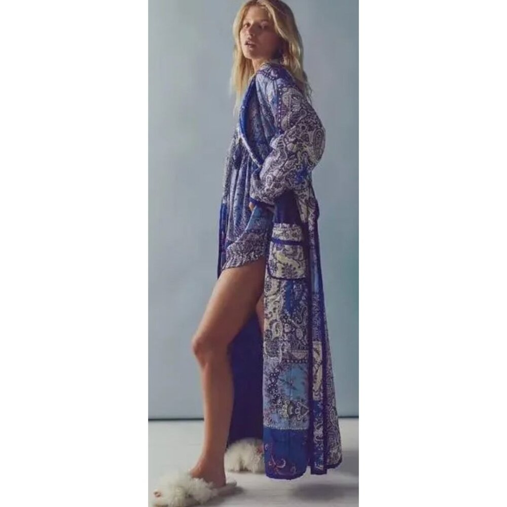 Free People Blue & White Paisley Long Robe